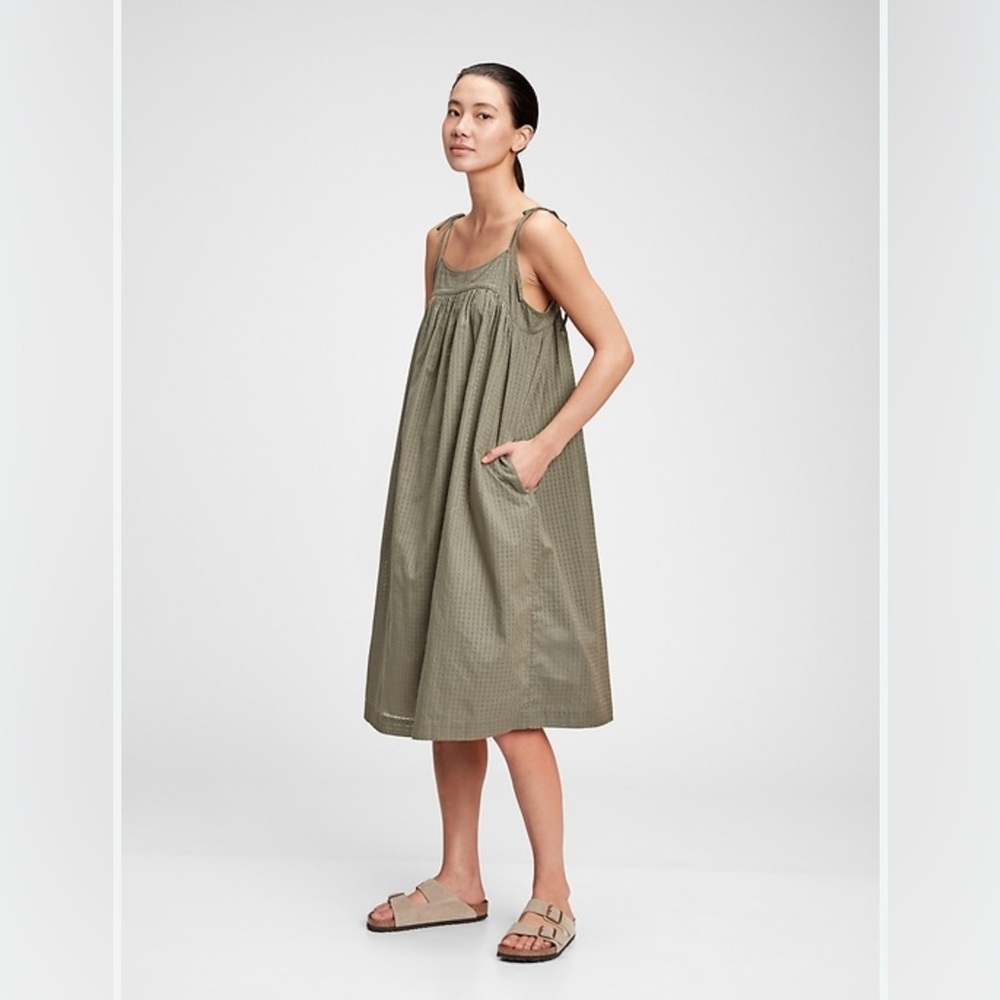 Gap Army‎ Green Spaghetti Strap Textured Pocketed Midi Sundress Size Small